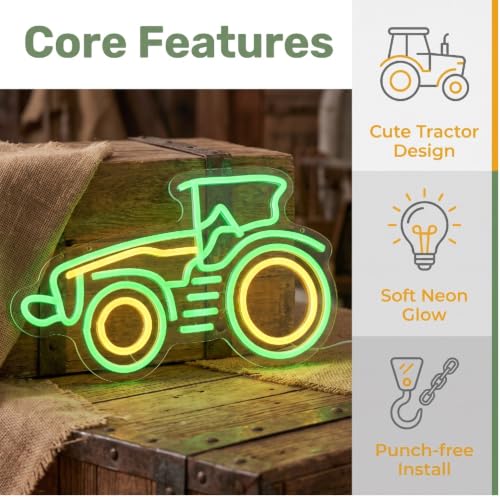 Image of Green Tractor Neon Sign Farm LED Light for Man Cave,Dimmable Tractor Wall Decor for Garage, USB Powered Wall Decor Farmhouse LED Sign for Bar Farm Themed Store