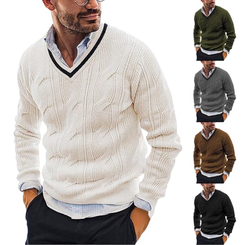 Mens V-Neck Wool Sweater Long Sleeve Pullover Cable Knit Sweaters Dressy Cashmere Merino Sweater Warm Knit Jumper