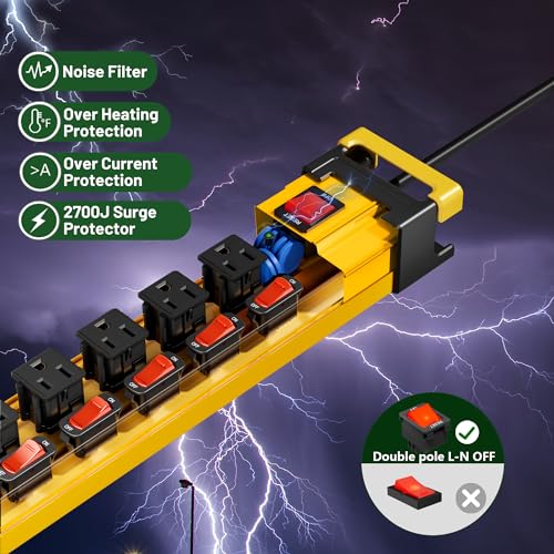 Regleta eléctrica con protector contra sobretensiones, 6 tomas, interruptores individuales, montaje metálico, enchufe plano y gestión de cable, cable de extensión de 6 pies para taller y garaje miniatura 6