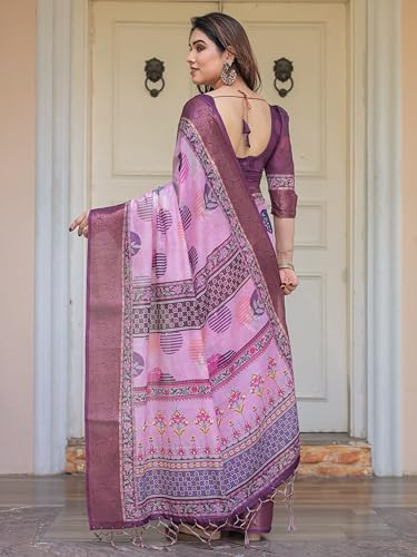 Image of ALMAARI FASHION Floral Printed Cotton Saree for Women with Handloom Zari Weave, Traditional Lightweight Ethnic Saree for Wedding Festive Office Party with Blouse Piece (LINEN 81-90 SH)