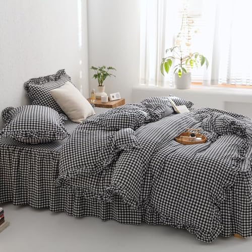 Image of mixinni Black White Gingham Ruffle Duvet Cover Queen Size 3 Pieces - 100% Washed Cotton, Vintage Plaid Ruffled Bedding Set with Zipper Ties, Soft Checkered Grid Farmhouse Chic Comforter Cover Set