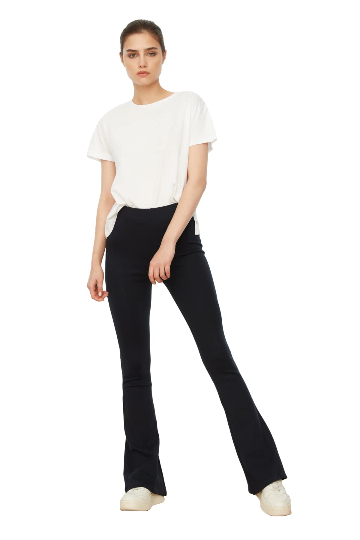 Trendyol Women Plus Size High Waist Flare Leg Regular fit Trousers Navy Blue