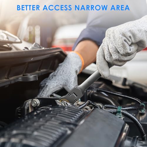 ENEACRO Scharnierratelsleutelset, 14-delig, 6-19mm, Flex-kop Anti-slip ringsteeksleutel, vorksleutel-ringsteeksleutelset, 72-tands, Cr-V, Vernikkeld, met roltasje - Afbeelding 6