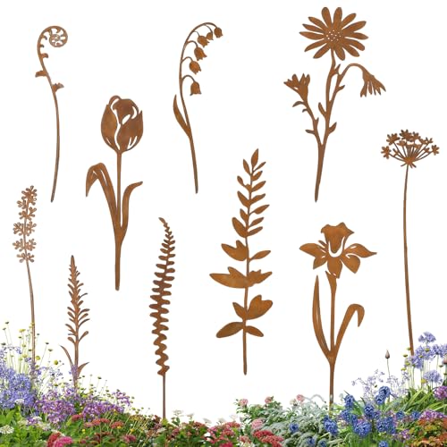 Décoration Jardin,10 Pièces Piquets de Jardin en Métal Rouillé,Piquets de Metal Jardin Décoration Rust Garden Stick,avec Motifs de Plantes de Feuilles de Fougère,pour Terrasse,Balcon,Exterieur