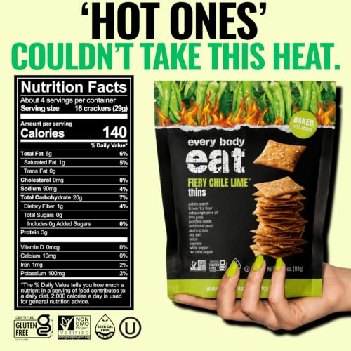 Image of Every Body Eat Snack Cracker Thins, Fiery Chile Lime - Gluten Free, Vegan, Dairy Free, Nut Free, and Seed Oil Free (4oz Case of 6)