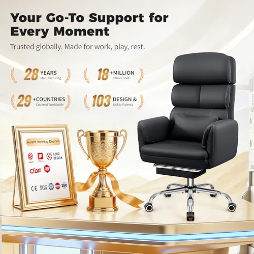 Image of Big and Tall Office Chair 500LBS, Ergonomic High Back Leather Executive Chair, Reclining Swivel with Adjustable Armrests Lumbar Support Footrest, Criss Cross Legged, Black