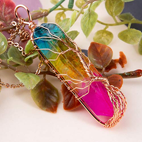 Bivei Tree of Life 7 Chakra Gemstone Copper Wire Wrap Irregular Clear Quartz Point Crystal Pendant Necklace(Rose Gold Plated Titanium Coated Multi Color)