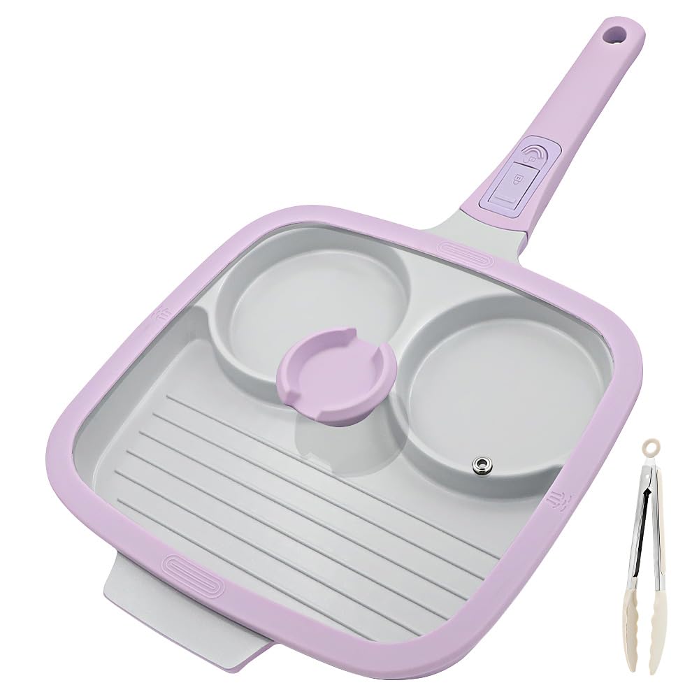 3-in-1 Divided Frying Pan with Lid, 26 x 24 cm, Non Stick Ceramic, Purple — image 1