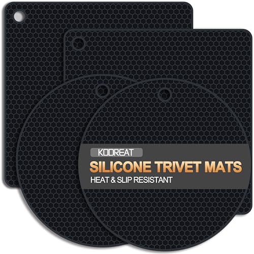 Kodreat 4 Pack Silicone Trivets for Hot Dishes, Heat-Resistant Non-Slip Hot Pads for Kitchen Countertops and Tables, Food-Grade Thick Silicone Mats (Black)