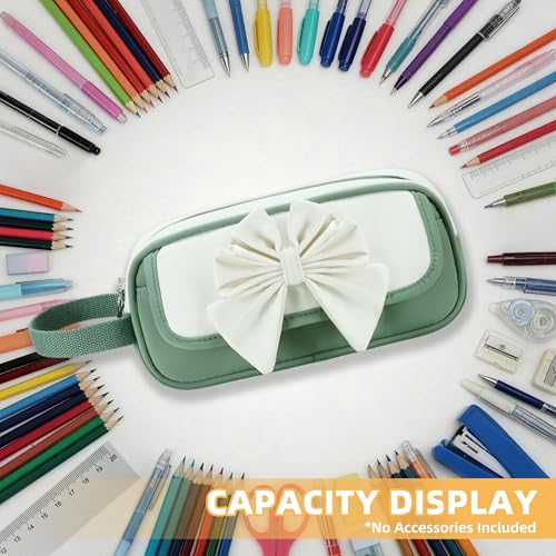 Image of Large Pencil Case for Girls Teens Kids School Zipper Pencil Pouch Green | Bowknot Organizer Pencil Bag Handle Aesthetic Big Pencil Box for School Supplies, Durable Metal Zipper, Large Capacity Design