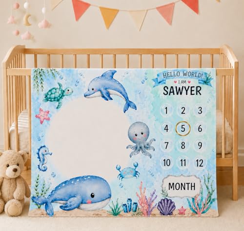Image of Baby Monthly Milestone Photoshoot Blanket with Milestone Cards, Cotton, 115x95 cm, Animal Theme, 1-12 Months (Ocean)