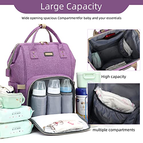 Image of GAIVP Diaper Bag Backpack, Diaper Bags for Baby Girls Boys, Baby Bags for Moms Dads, Nappy Changing Bag with Insulated Pockets,Multi-functional Waterproof Backpack with Stroller straps-Purple