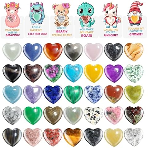 24PCS Valentine's Day Gift Cards with Natural Heart Crystals Rose Quartz Amethyst Heart Love Crystal Stones Set Bulk Polished Pocket Gifts for Women Men Valentines Day Gifts Exchange Prize ,0.8 inch Cover