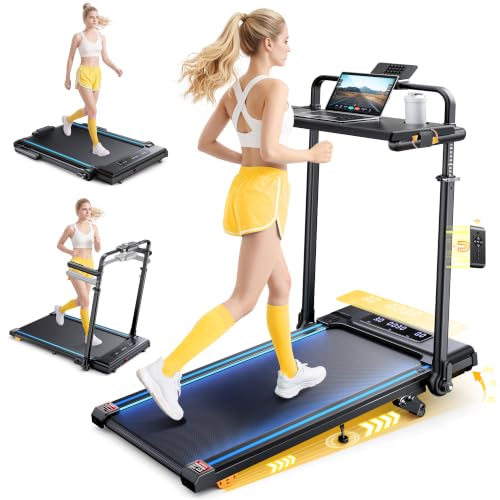 6-IN-1 Laufband für Zuhause mit Abnehmbarem Tisch 3.0HP Laufband Klappbar mit Steigung bis 12% 12KM/H Walking Pad Klappbar mit 15cm Teleskop-Riser&RGB-Lichter Laufband für Zuhause 150KG
