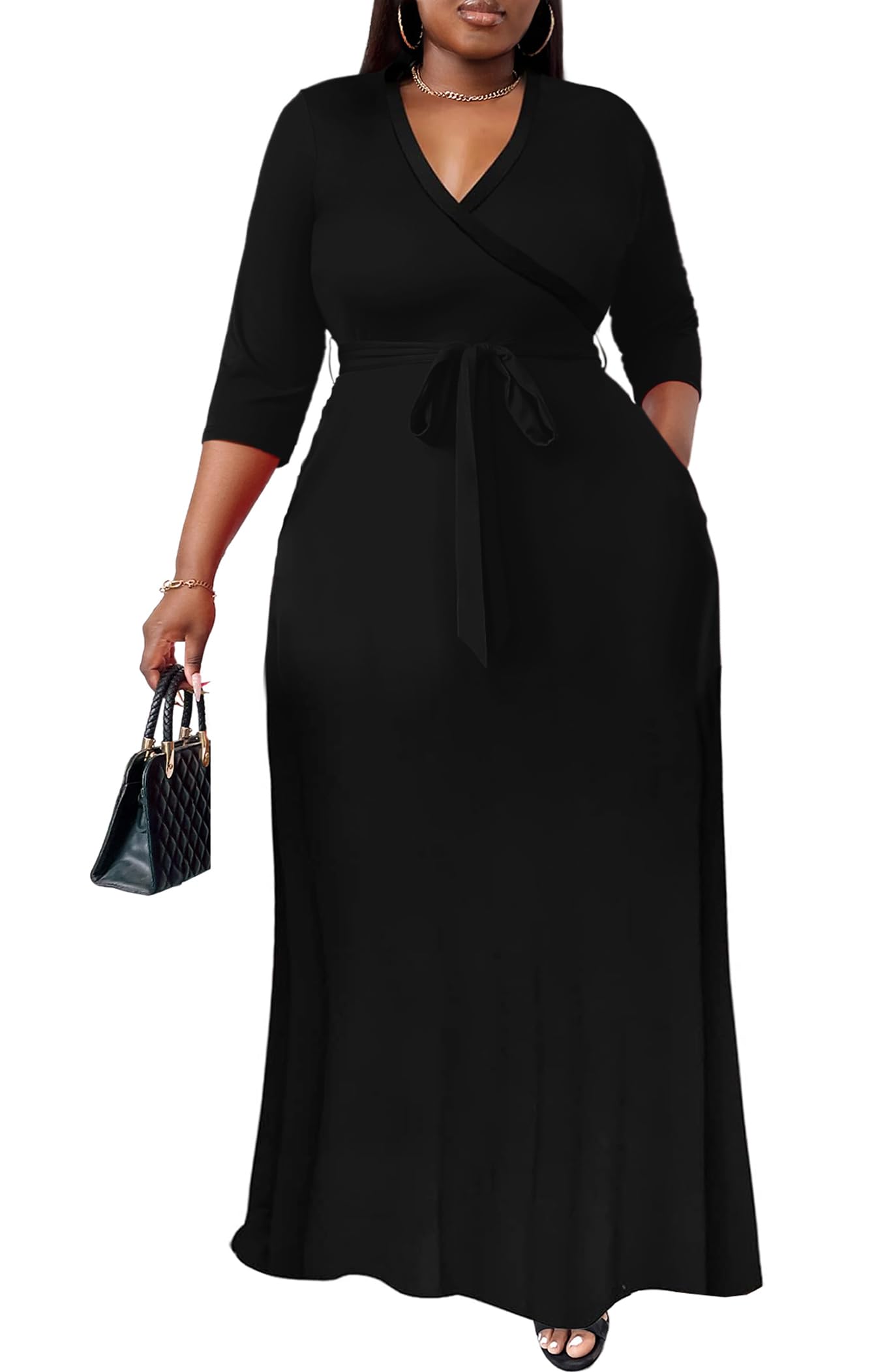 Nmoder Plus Size Maxi Dress for Women - Summer Casual 3/4 Sleeve Floral Flowy Long Dress with Belt XL- 6XL