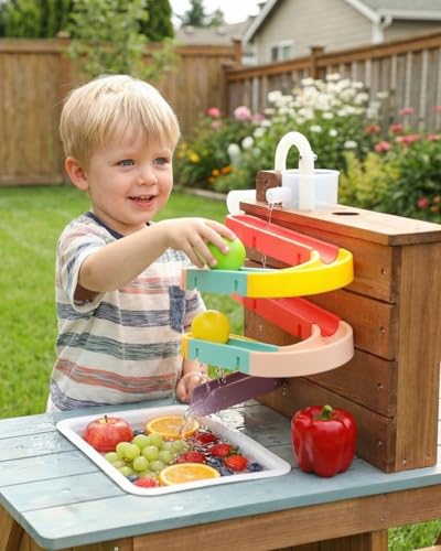 Image of Mud Kitchen for Kids Outdoor, Wooden Play Table with Hand Pump and Sink, Picnic Bench, Stainless Steel Cookware & Bucket, Backyard Sensory Play Kitchen for Toddlers Age 3+