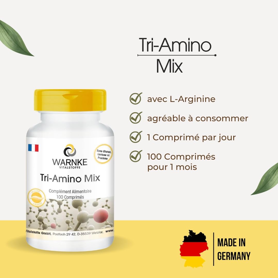 Complexe d'acides aminés - Arginine, Lysine, Ornithine - dosage élevé - 100 comprimés | Warnke Vitalstoffe - Qualité des pharmacies allemandes