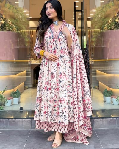 Image of GoSriKi Women's Rayon Viscose Anarkali Printed Kurta with Palazzo & Dupatta