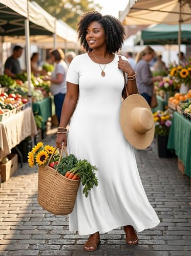 Image of SUZONANA Plus Size Maxi Dress for Curvy Women Summer Casual Sundress Short Sleeve Loose Vacation Dress