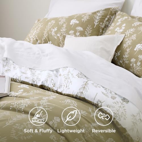 Image of Bedsure Queen Comforter Set - Olive Green Bed Set, 3 Pieces Cute Floral Bedding, 1 Soft Reversible Botanical Flowers Comforter and 2 Pillow Shams