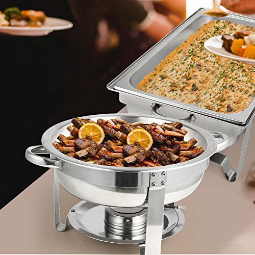 Restlrious Chafing Dish Buffet Set 6 Pack, Stainless Steel 5 Qt Round & 8 Qt Rectangular Foldable Chafers And Buffet Warmers Set, W/Full Size Food Pan, Water Pan, Fuel Holder & Lid For Catering Event #TOP5