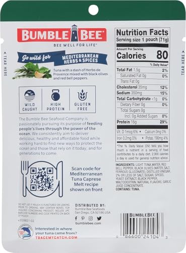 Image of Bumble Bee Seasoned Tuna Pouch Fresh Flavors Bulk Bundle (24 Total Pouches) - Lemon & Pepper Tuna and Mediterranean Herbs & Spices Tuna - Ready to Eat 2.5 oz Packets