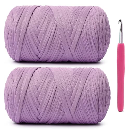 Image of 2 Pack Soft Tshirt Crochet Yarn, 800g /228yds High Elastic Hand Knitting Yarns, Thick T Shirt Yarn for Crocheting Bags, Baskets, Cushions, DIY Crafts(2 Lilac)