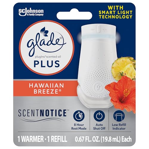 Glade PlugIn Plus Air Freshener Starter Kit, Scented Oil for Home and Bathroom, Hawaiian Breeze, 0.67 Fl Oz, 1 Warmer + 1 Refill