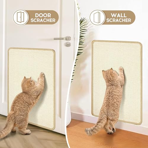 Image of Graciadeco White Cat Scratching Mat Sisal, 2 Packs Sisal Fabric Large Cat Scratching Pad for Indoor Cats with Adhesive Hook Loop Tape, Wall Scratchers for Indoor Cats 23.6 inch x 15.7 inch