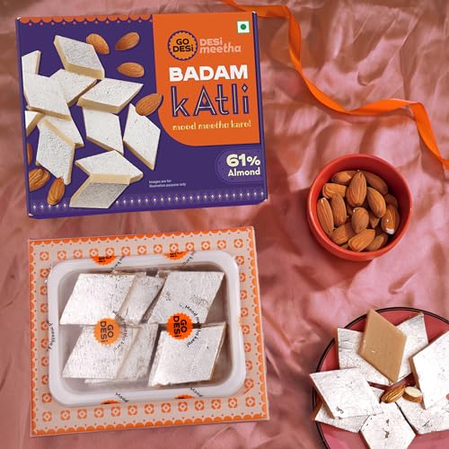 Image of GO DESi Premium Kaju Katli 200 grams, 61% Cashews and Badam Katli 200 grams, 61% Almonds, Rakhi Gift for Sister and Brother, Indian Sweets Gift Pack, DESi Meetha, Sweets Indian Mithai