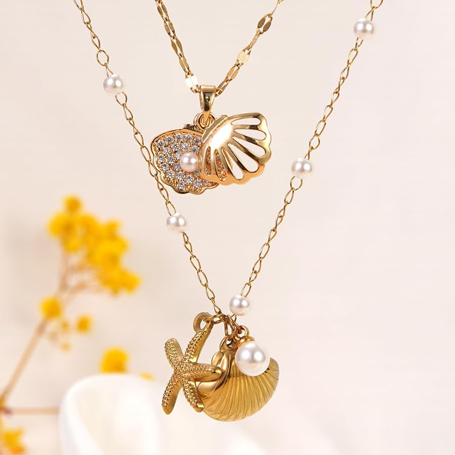 Ocean Shell Necklace Set - Beach Vacation Jewelry with White Bead and Glass Accents for Women, Summer Seaside Accessories, Two-Layer Adjustable depandent necklace as gifts for her (FSY773XL+JX001) - Image 4