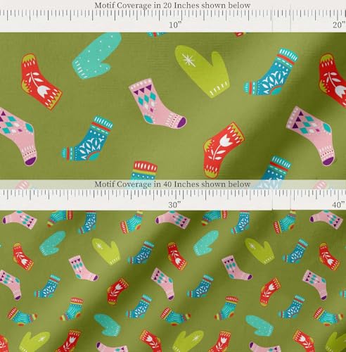 Image of Soimoi Green Cotton Poplin Fabric Socks & Gloves Folk Art Decor Fabric Printed Meter 42 Inch Wide