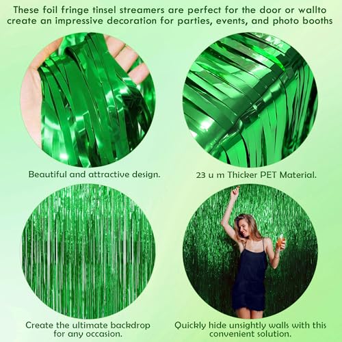 Image of Green Tinsel Backdrop Curtains - 2 Pack Foil Fringe Streamers Photo Backdrop for 2027 World Soccer Cup Party Decorations | Soccer Football Theme Birthday Dinosaur Animal Party Wall Decor