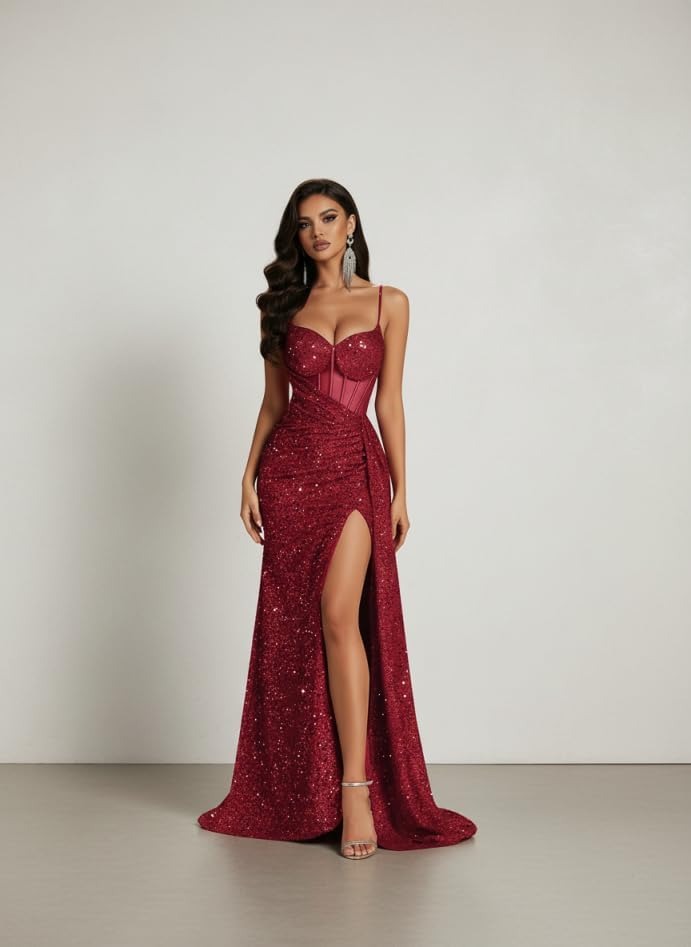 Sequin Spaghetti Straps Prom Dresses Long for Women 2026 Sweetheart Ruched Backless Evening Ball Gowns with Slit - Image 5