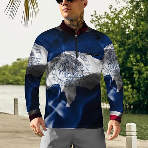 Wyoming State Smoke Flag Men's Rash Guard Long Sleeves Quick Dry Fishing Workout Shirts with Zipper2