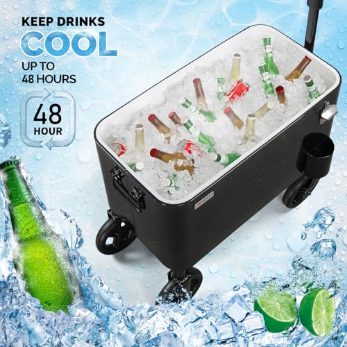 Image of VINGLI 80 Quart Wagon Rolling Cooler Ice Chest, w /Long Handle and 10 inch Wheels, Portable Beach Patio Party Bar Cold Drink Beverage, Outdoor Park Cart on Wheels