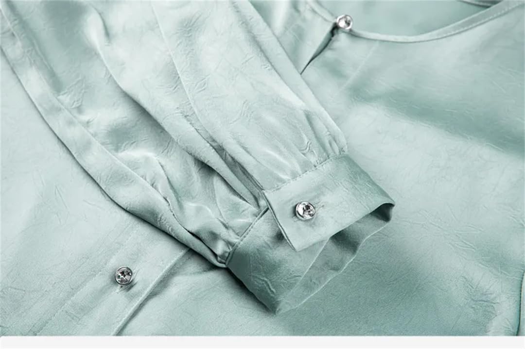 Blusa lisa para mujer, de manga larga, cuello redondo, de satén, para oficina, trabajo