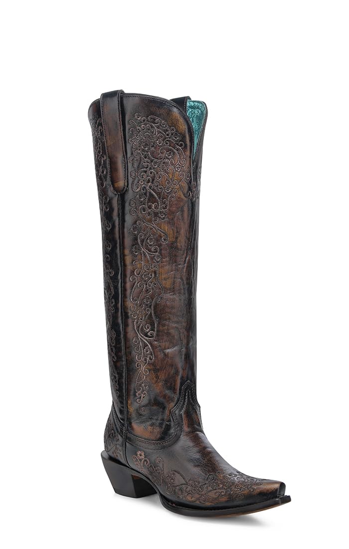 Corral Boots Womens Honey Floral Embroidered Square Toe Pull On Casual Boots Mid Calf Low Heel 1-2" - Black