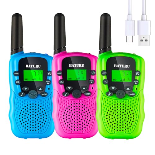 BATURU Rechargeable Walkie Talkies for Kids 3 Miles Long Range, 22 Channels Walkie Talkie with Clear Sound, Battery-Saving Kids Walkie Talkies 3 Pack, Stocking Stuffers for Girls Boys Age 5-10