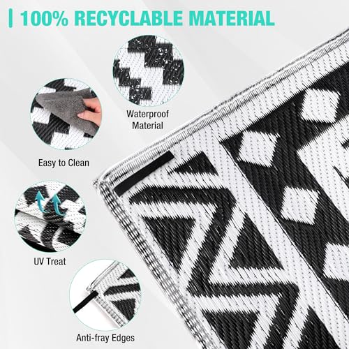 HAUSHOF 5\'X8\' Outdoor Rug Waterproof with LED Strip Light, Reversible Outdoor Plastic Straw Rug, Patio Rug with 4 Rug Stakes, Outdoor Carpet Mat for RV, Camping, Beach, Porch, Balcony, Black&White