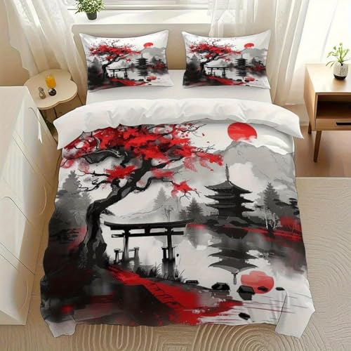 PNHCL Housse de Couette 220x240 cm Housse de Couette Feuilles d'érable Rouge à la Japonaise Microfibre, Parure de Lit Adulte Peinture à l'encre Fermeture éclair avec...