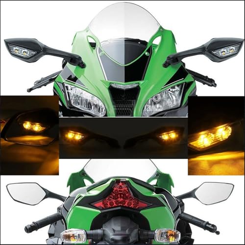 Image of OTO2EYE Adjustable Foldable Rearview Side Mirror With LED Turn Signal Light Compatible For Kawasaki Ninja ZX-10-R | Yamaha R15 V1 V3 V4 | Yellow Indicator Light (Black, Pack of 2)