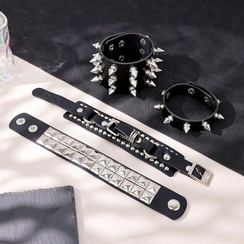 4Pcs Spiked Studded Bracelet Black Leather Punk Bracelet Cuff for Men Women Adjustable Metal Wristband Gothic Accessories2