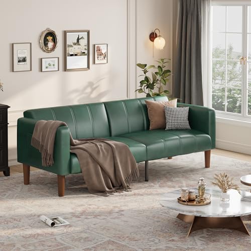 Image of GarveeHome Futon Sofa Bed, 75-Inch Modern Faux Leather Convertible Couch, Mid-Century Loveseat for Small Space, Living Room, Bedroom, Green