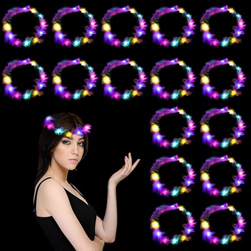LED Feather Hair Band, 16 Pieces LED Feather Garland, LED Light Wreath, LED Flower Hair Garland, Halloween, Christmas, Party Decoration