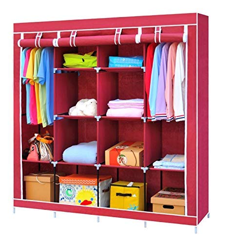 Lukzer 6 + 6 Shelves Waterproof Portable Collapsible Wardrobe Storage Organiser, Easy to Assemble (Wine Red)