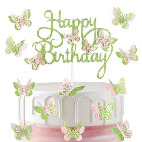 13 adornos para tartas de cumpleaños de color verde y rosa, decoración de pastel de mariposa para niñas, decoraciones de fiesta verde y rosa, decoraciones de pastel de mariposa con purpurina para