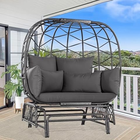 BULEXYARD Outdoor Indoor Double Wicker Glider Large Egg Chair with Legs and Cushions 2 Person Loveseat Oversized Patio Slider Chair for Deck Balcony Garden Backyard Porch (Grey) Cover