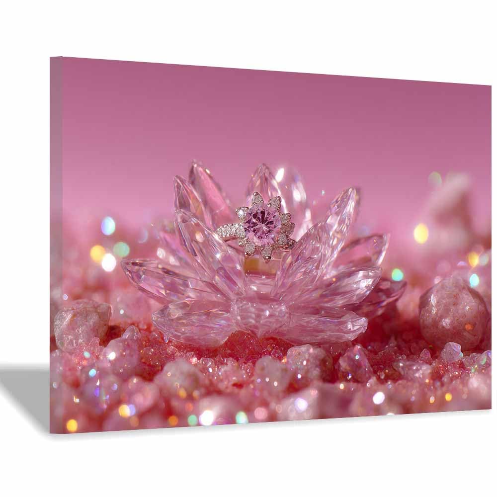 CUDAOO florales Impresiones en lienzo con motivos Anillo de loto diamante Para sala de estar, sala de yoga, baño, dormitorio, oficina（Color rosa de la raíz de loto-40x60cm Enmarcado
