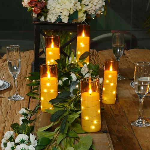 Image of Raycare Flameless Candle with Remote Timer - 5 Flickering Acrylic Battery Operated LED Pillar Candles with Embedded Star String for Christmas, Home Decor, and as a Gift(Glod)
